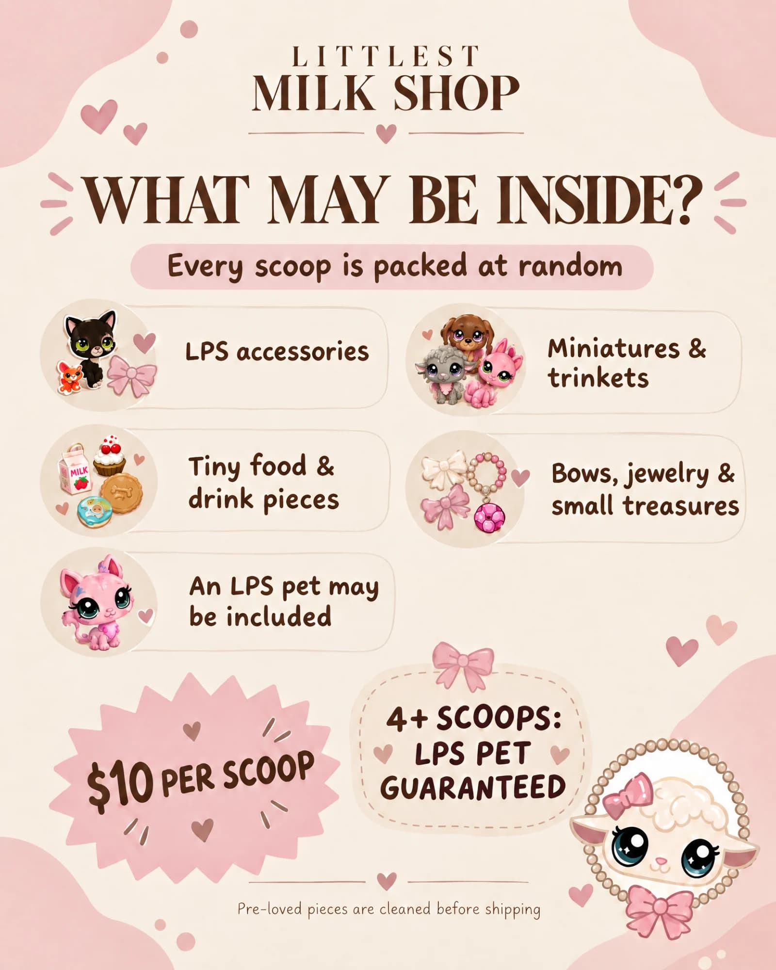 Littlest Milk Shop What May Be Inside card listing LPS accessories, miniatures, trinkets, tiny food and drink pieces, bows, jewelry and a possible LPS pet, with the $10 per scoop price and 4+ scoop pet guarantee.