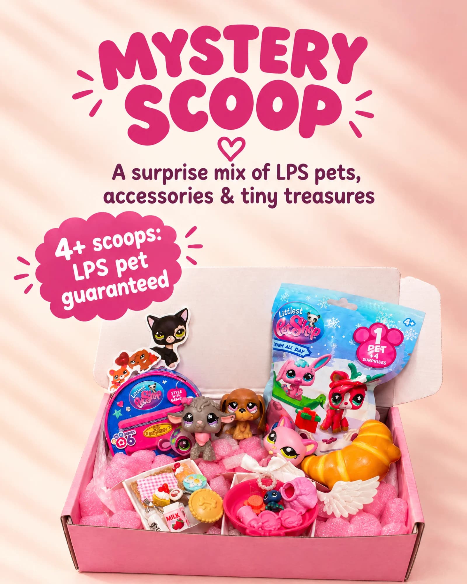 Open pink Mystery Scoop box with its hinged lid raised and filled with LPS pets, accessories and tiny treasures, alongside text explaining that each scoop is a surprise mix and that an LPS pet is guaranteed with 4 or more scoops.